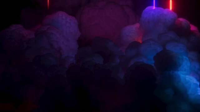 Seamless loop of neon light beams piercing through dark dramatic clouds. Red, orange, cyan, and purple shooting stars illuminate the cloud from within. 3d render motion.