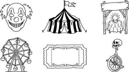 Spooky Vintage Circus Carnival Line Art Vector Icon Set Featuring Creepy Clown Big Top Tent Ferris Wheel Crystal Ball And Skull Unicycle Outlines © MdImran