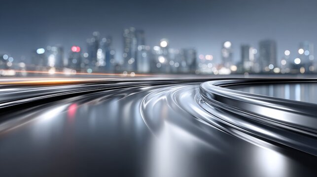 City skyline with curved road and light trails in urban setting at night