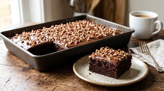 Traditional American Texas sheet cake slice with fudgy chocolate icing and chopped pecans