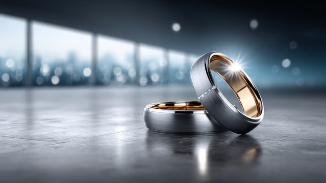 Elegant wedding rings on a sleek surface, reflecting love and commitment