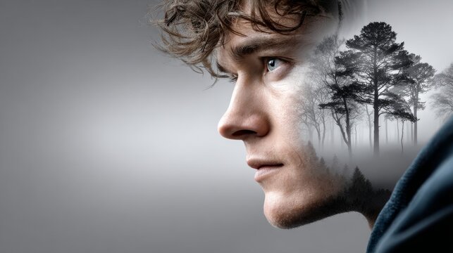 A young man gazes thoughtfully while a forest is reflected in his profile, highlighting nature's influence