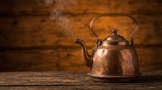 Vintage Copper Kettle Steam Rising Moody Lighting. Antique copper kettle with steam wisps rising against dark rustic wooden background warm amber tones