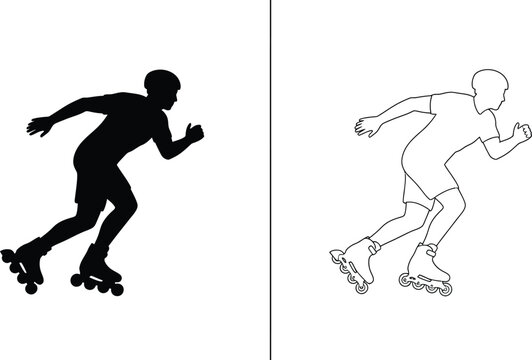 Skater Inline Rollerblading Silhouette and Outline with Dynamic Movement and Athletic Posture