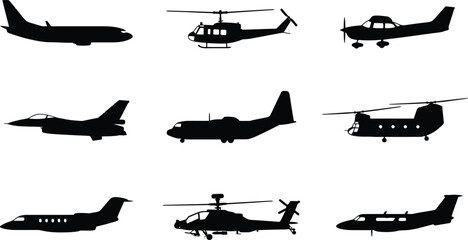 Black silhouettes of various airplanes and helicopters © Mst. Taslima Akhter