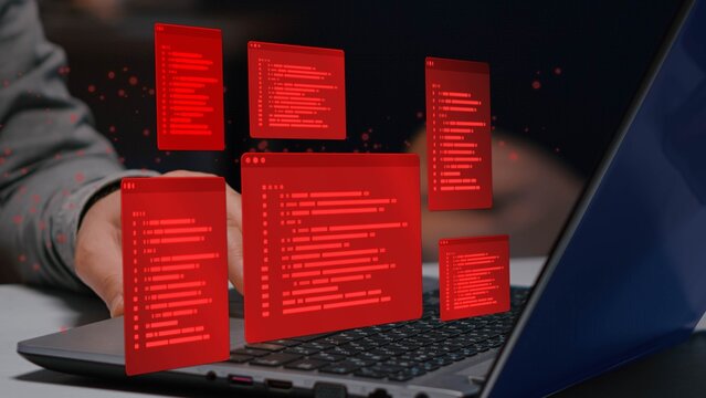 Hacking and cybercrime concept. Hackers exploit vulnerabilities in source code to launch cyberattacks.
