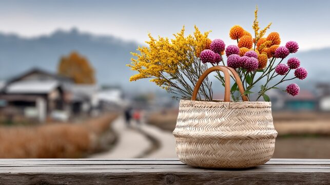 Colorful flowers arranged in a woven basket placed on a wooden surface near a pathway
