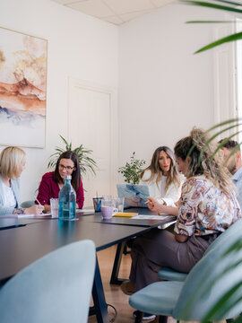 Team Members Discuss Ideas During a Meeting in a Bright Room