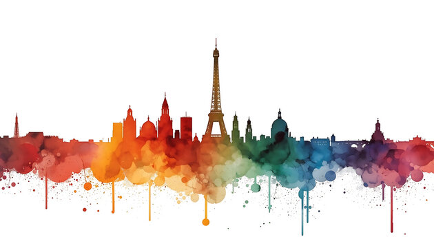 Cityscape displays the famous Paris skyline in a vibrant watercolor wash against a white background.
