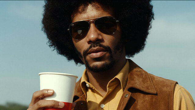 Close up portrait of man with afro and sunglasses