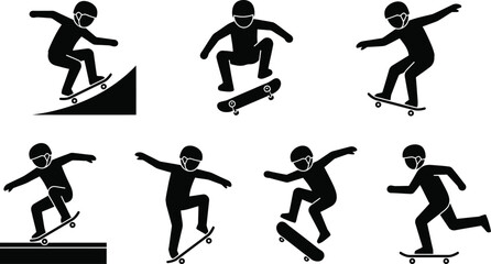 Black silhouettes of skateboarders performing tricks © NasimaAktar