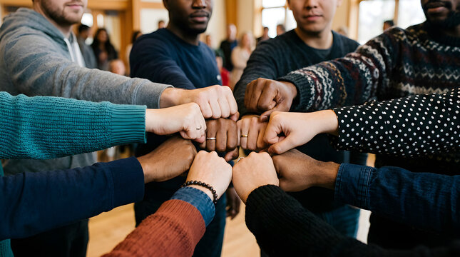 Group of diverse people joining hands in a fist bump