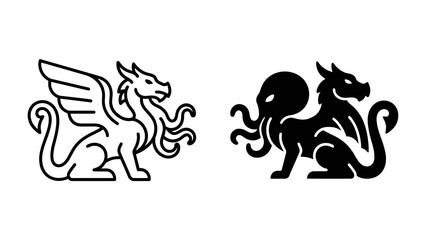 Mythical Creatures Contrast: A white mythical creature with wings and tentacles on the left, contrasted with a black creature combining dragon and octopus features on the right. © Alomgir