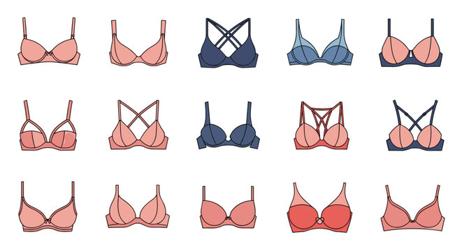 Large collection of women underwear bras in various designs, colors, and styles over a clean white background.