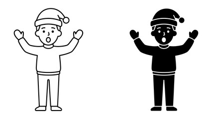 Festive Surprise: A cheerful person wearing a Santa hat and mittens stands with arms raised in surprised delight, captured in both outline and solid silhouette. © Azizunnahar