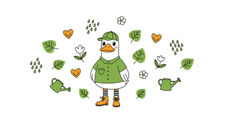 Fototapeta premium Adorable cartoon illustration of a cheerful duck dressed as a gardener, surrounded by spring flowers, green leaves, gardening tools, and hearts, symbolizing nature and growth.