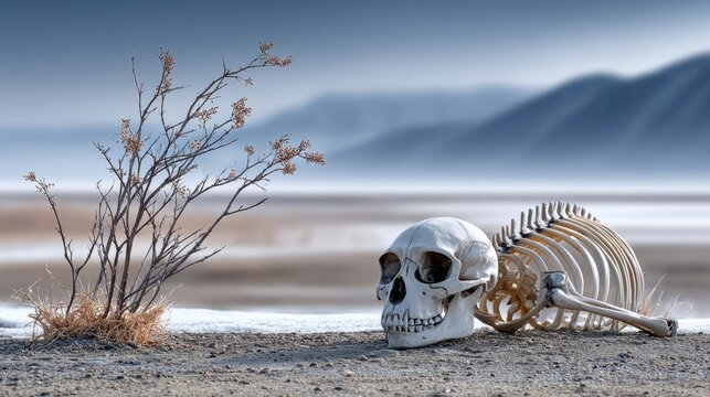 Skeleton and dry plant on barren land by the water's edge