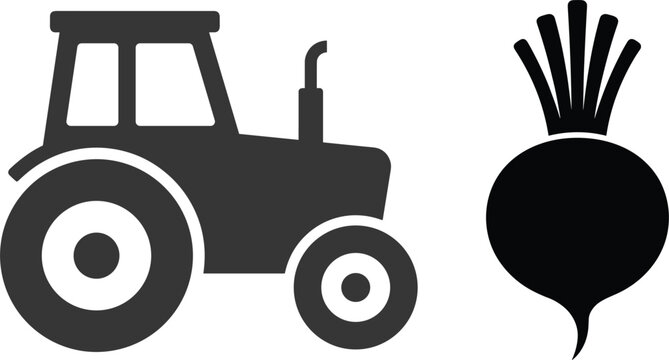 Agricultural farm tractor with beetroot silhouette icon set for agribusiness branding and harvesting logo design vector
