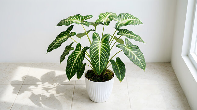 Potted xanthosoma lindenii plant isolated on white background