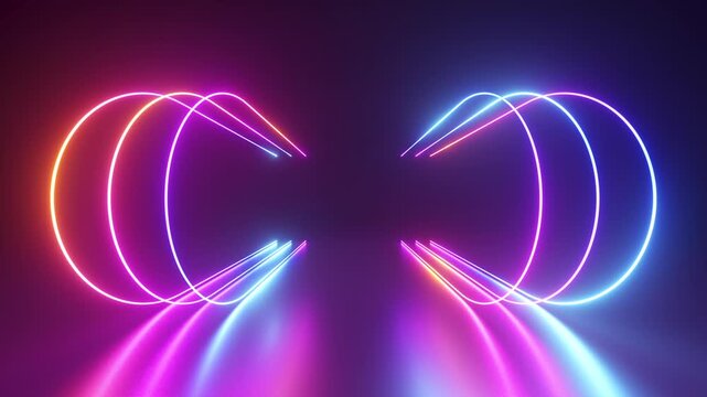 Symmetrical neon light arcs and gradients form a futuristic abstract tunnel. Seamless loop for tech visuals, ads, and digital screens.