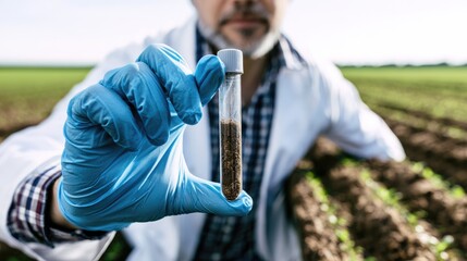 Fototapeta premium Scientist Holding Soil Sample Test Tube During Agricultural Field Research