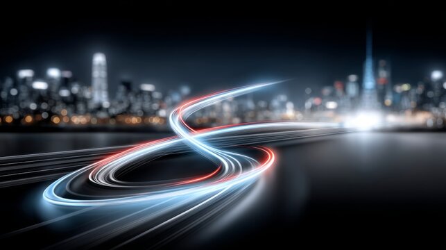 Light trails create abstract patterns over a city skyline at night