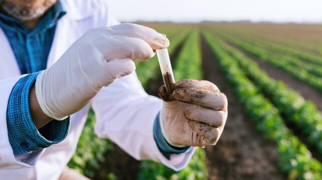 Agricultural Scientist Collecting Soil Sample in Test Tube from Cultivated Field