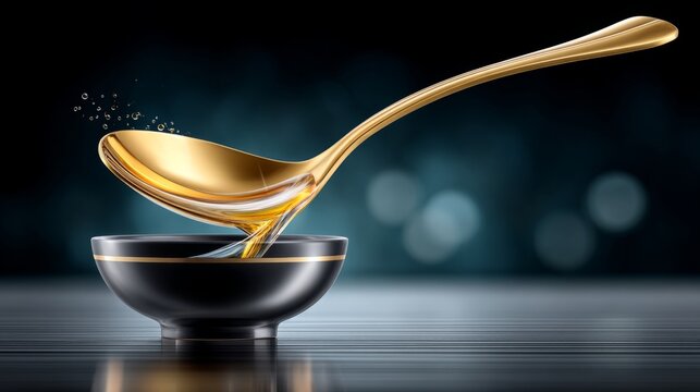 Gold spoon serving liquid from a bowl in an elegant setting