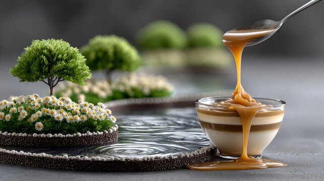 Spoon pours caramel into dessert beside miniature garden landscape