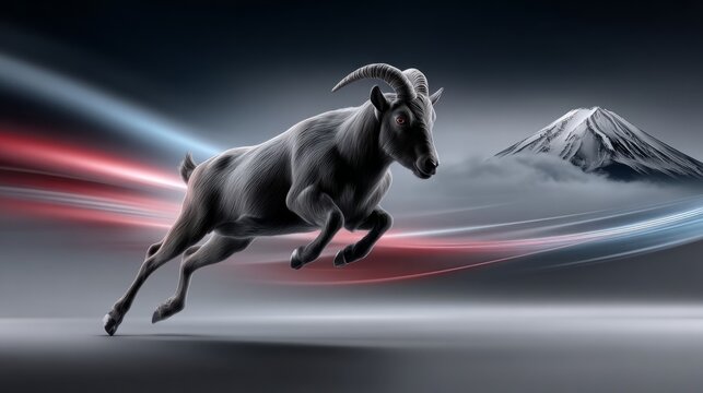Black goat runs fast against a mountain backdrop with colorful light trails