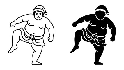 Sumo Wrestler in Santa Hat: A striking illustration of a sumo wrestler in a festive Santa hat, captured in a dynamic pose, presented in both outline and silhouette for versatile design application. © Asma