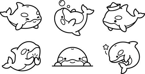 Cute Kawaii Cartoon Orca Killer Whale Line Art Vector Icon Set Featuring Playful Marine Mammals Swimming Clapping Peeking And Wearing Sailor Hat © MdImran