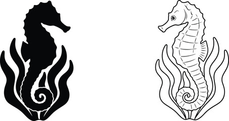 Seahorse Silhouette and Outline Design with Ocean Seaweed Motif, Representing Marine Life Concepts. © Muskan