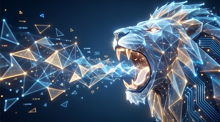 Neon Lion: Geometric Tech Beast with Digital Glow Art