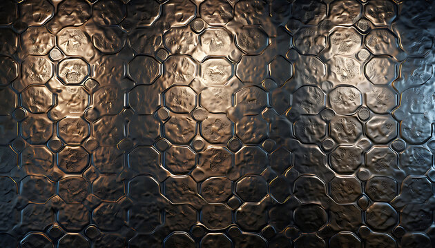 Abstract dark hammered metal texture background with embossed geometric pattern and warm metallic reflections