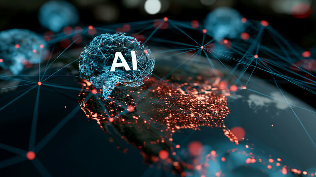 AI neural network brain icon over global digital map with red nodes