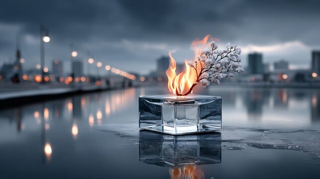 Creative fusion of fire and ice with a floral element in an urban setting