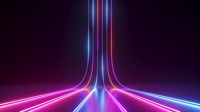 Neon gradient lines rise from a glowing floor in a dark futuristic space. Loop animation for technology ads, and intros.