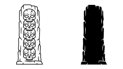 Ancient Totem of Skulls: A primitive, weathered stone totem carved with a series of skull motifs stands solemnly, representing an ancient symbol of power or warning. © Azizunnahar