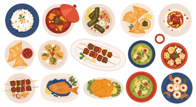 Variety of traditional middle eastern and mediterranean dishes including kebabs, stuffed vine leaves, samosas, and fish on a white background.