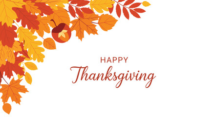 Elegant thanksgiving greeting card background with a corner border of colorful autumn maple leaves and a ripe pumpkin on a white field. © Mr