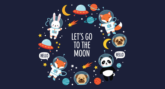 Outer space theme circular border with cute astronaut animals, planets, and spaceships on a dark blue background.