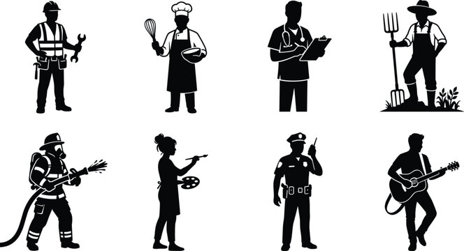 Professional Occupation Silhouette Collection Featuring Worker Chef Doctor Farmer Firefighter Police Artist and Musician Vector Icons