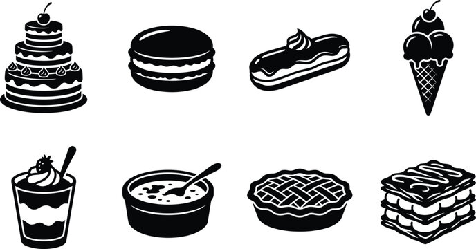 Sweet desserts and pastry icon set vector silhouette collection featuring cake, macaron, eclair, ice cream, pie, and mousse isolated on white background