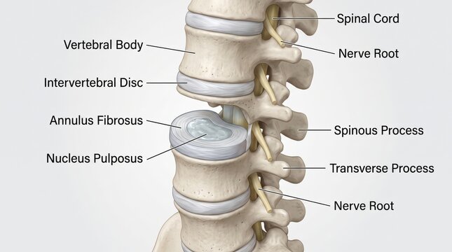 Detailed anatomy of human spine with labeled parts