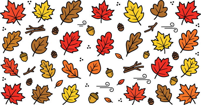 Autumn Fall Leaf Vector Doodle Set Featuring Maple Oak Acorn Pinecone and Twig Elements for Thanksgiving Day and Seasonal Graphic Designs