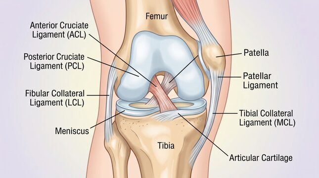 human knee anatomy with labeled ligaments and bones