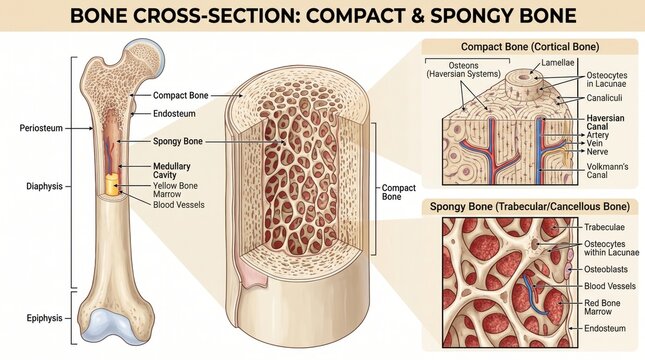Anatomy of human bone structure with compact and spongy bone details