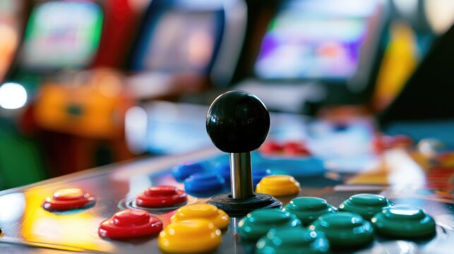 Retro Arcade Joystick and Colorful Control Buttons with Blurred Vintage Gaming Machines