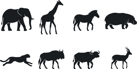 Fototapeta premium African safari wildlife animals black silhouettes set including elephant giraffe zebra hippopotamus cheetah wildebeest buffalo and antelope isolated on white background
